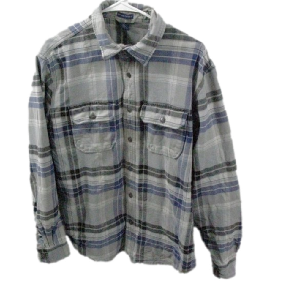 Falls Creek Men's Gray/Blue Plaid Flannel Button Front Shirt Size Large